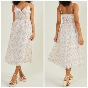 Lena Floral Ruched Pleated Waist Embroidered Trim Spaghetti Straps Midi Dress